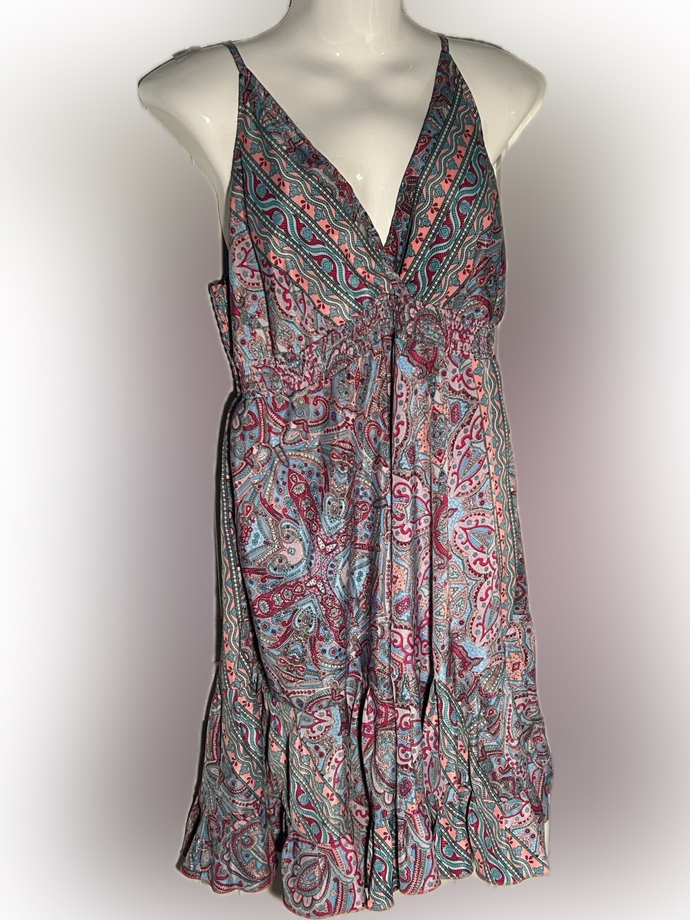 Paisley V-Neck Spaghetti Strap Sundress - Pink & Teal Free Size